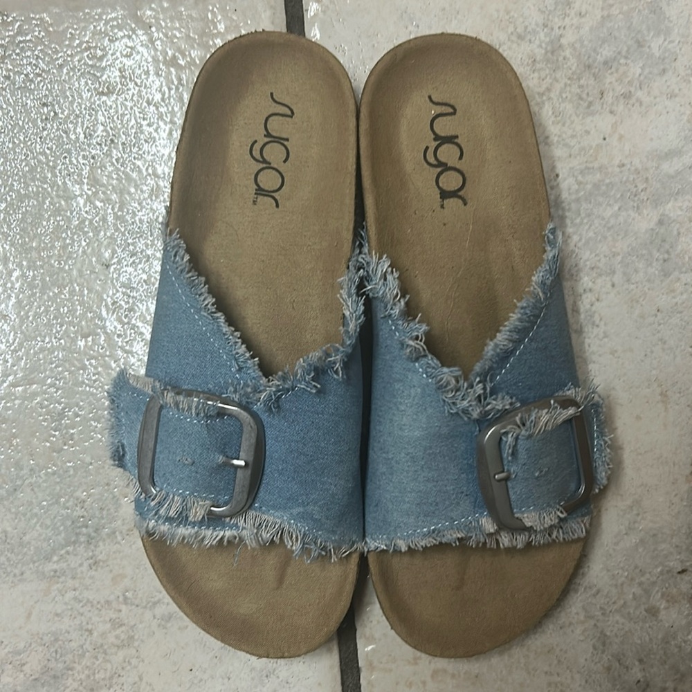 Sugar Frayed Denim Slide Sandals